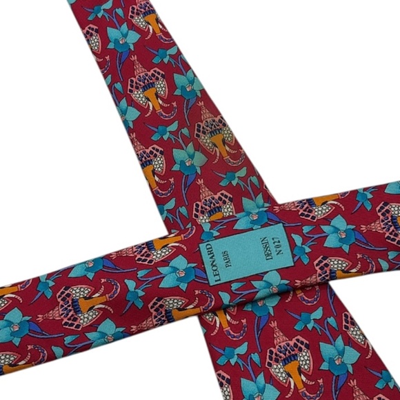 LEONARD Red/Blue Floral Art Silk LUXURY Tie ITALY - Picture 6 of 8